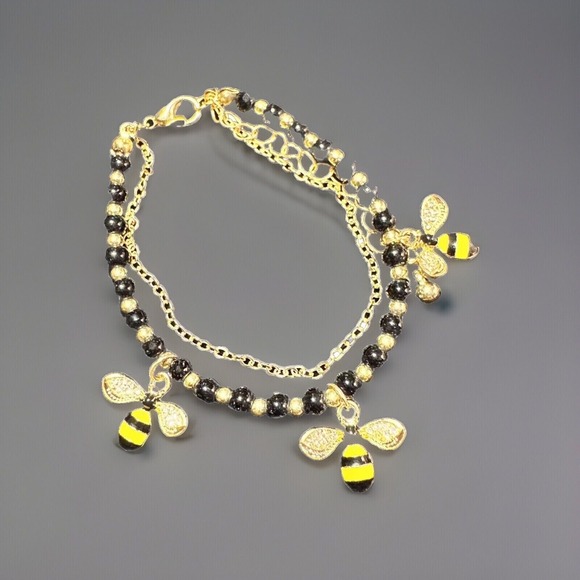 Yellow/Black Enamel Crystal Bee Charm Bracelet Chain Womens‎ Jewelry Bangle NEW - Picture 1 of 3